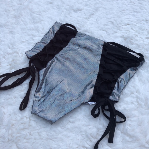 NWOT Silver Holographic Tie Side Rave Bottoms - Picture 2 of 6